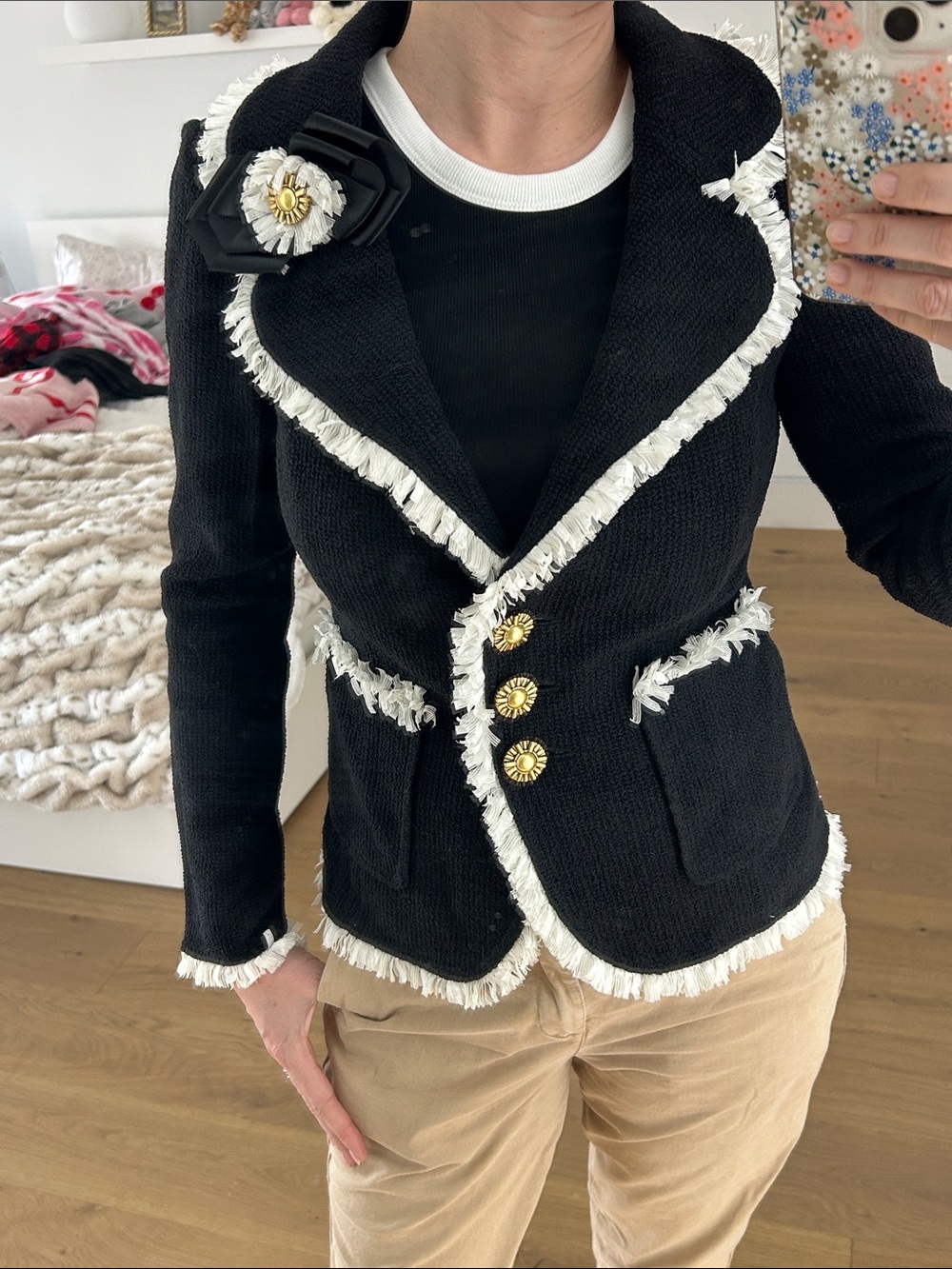 St. John Black Knit Blazer with White Fringe and Gold Buttons - Picture 2 of 8